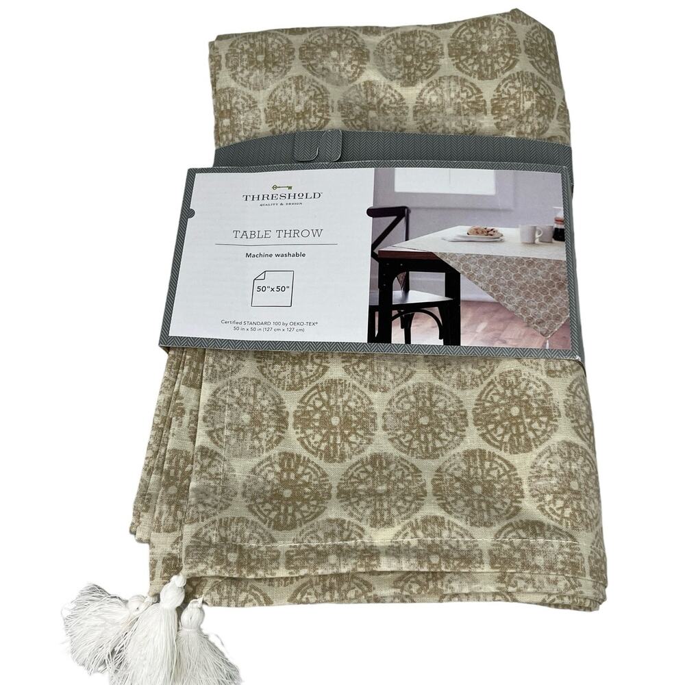 Threshold Table Throw Tablecloth Scarf Beige Medallion Ikat Table 50" x 50" New